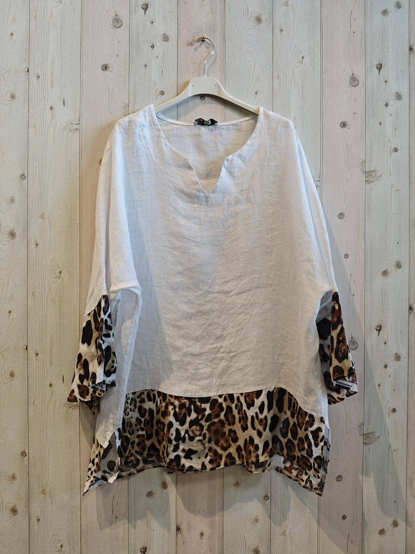 REF 12035 100% LINEN LEOPARD PRINT BLOUSE: CAMEL