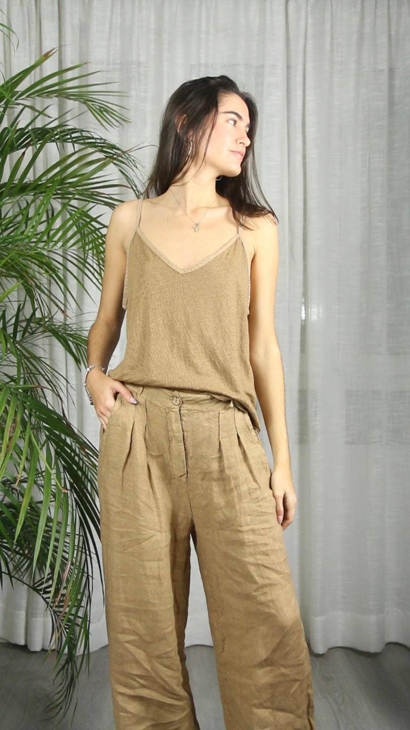 REF 14893 100% LINEN T-SHIRT WITH THIN STRAPS: CAMEL