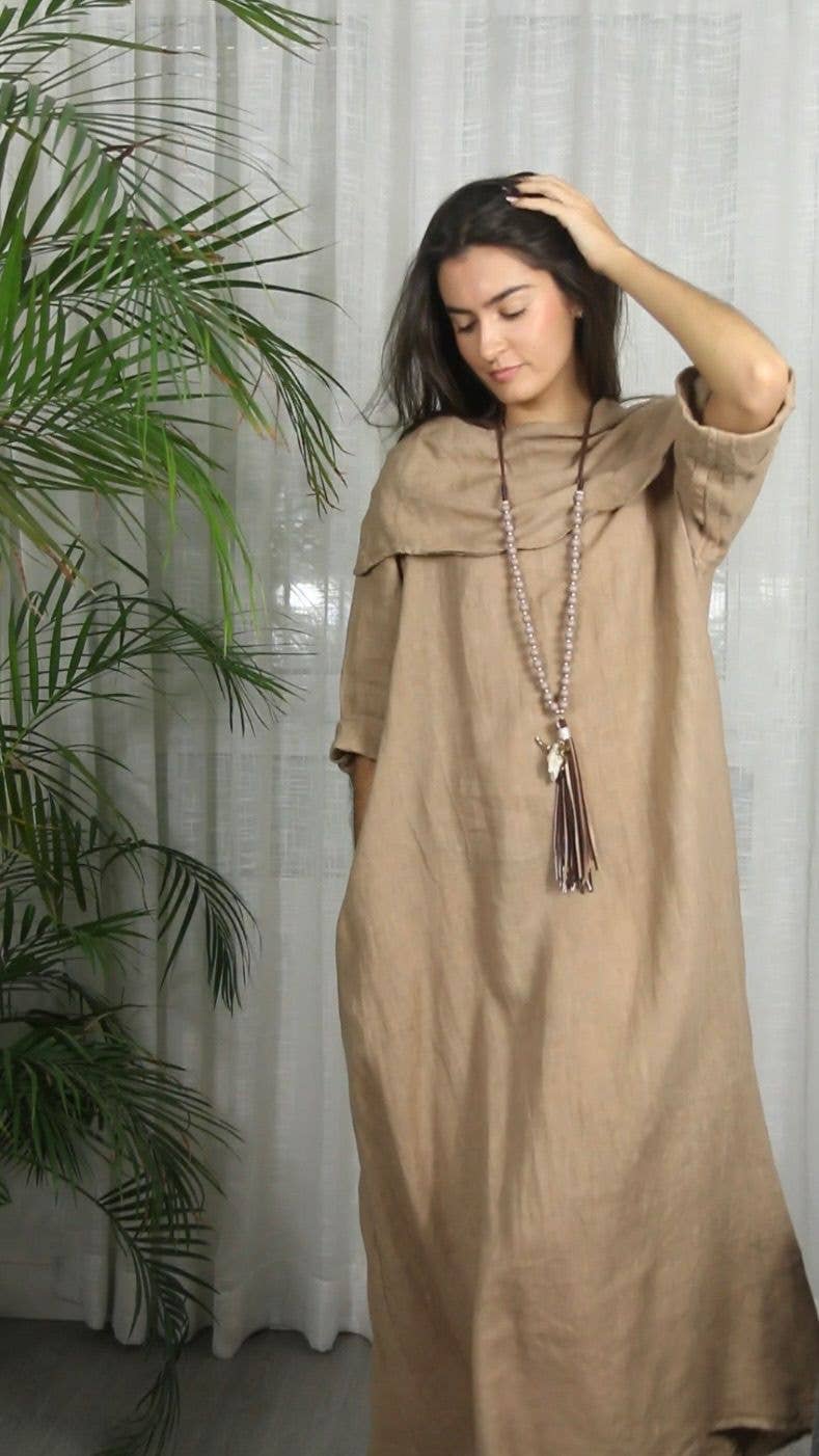 REF 2632 DRESS WITH LAPEL COLLAR 100% LINEN: Blue