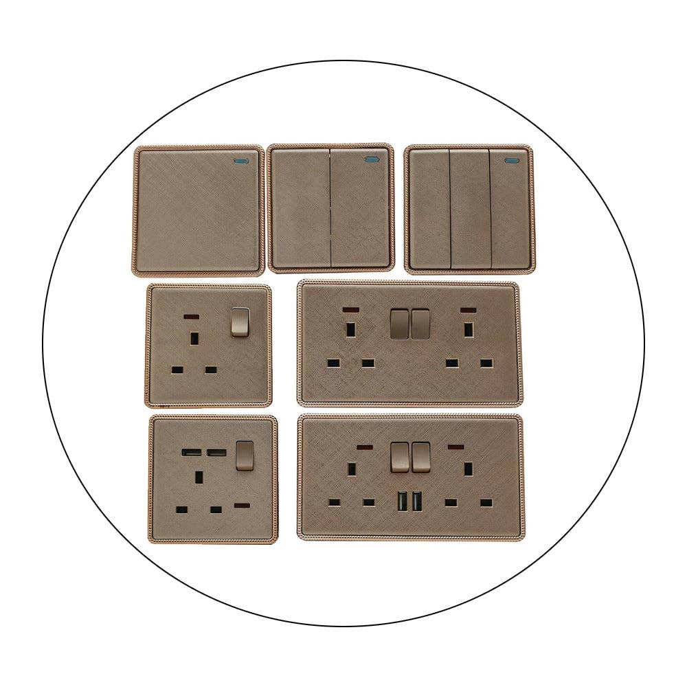 Screwless Textured Gold Light Switches & Socket: 2 Gang Socket
