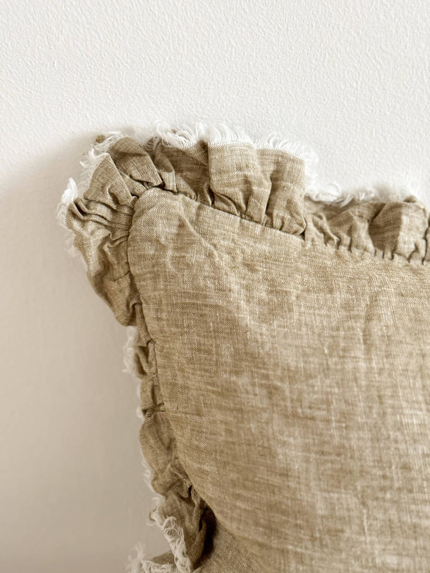 Hallie Ruffled Linen Cushion Cover – Washed Olive: 50 x 30 cm