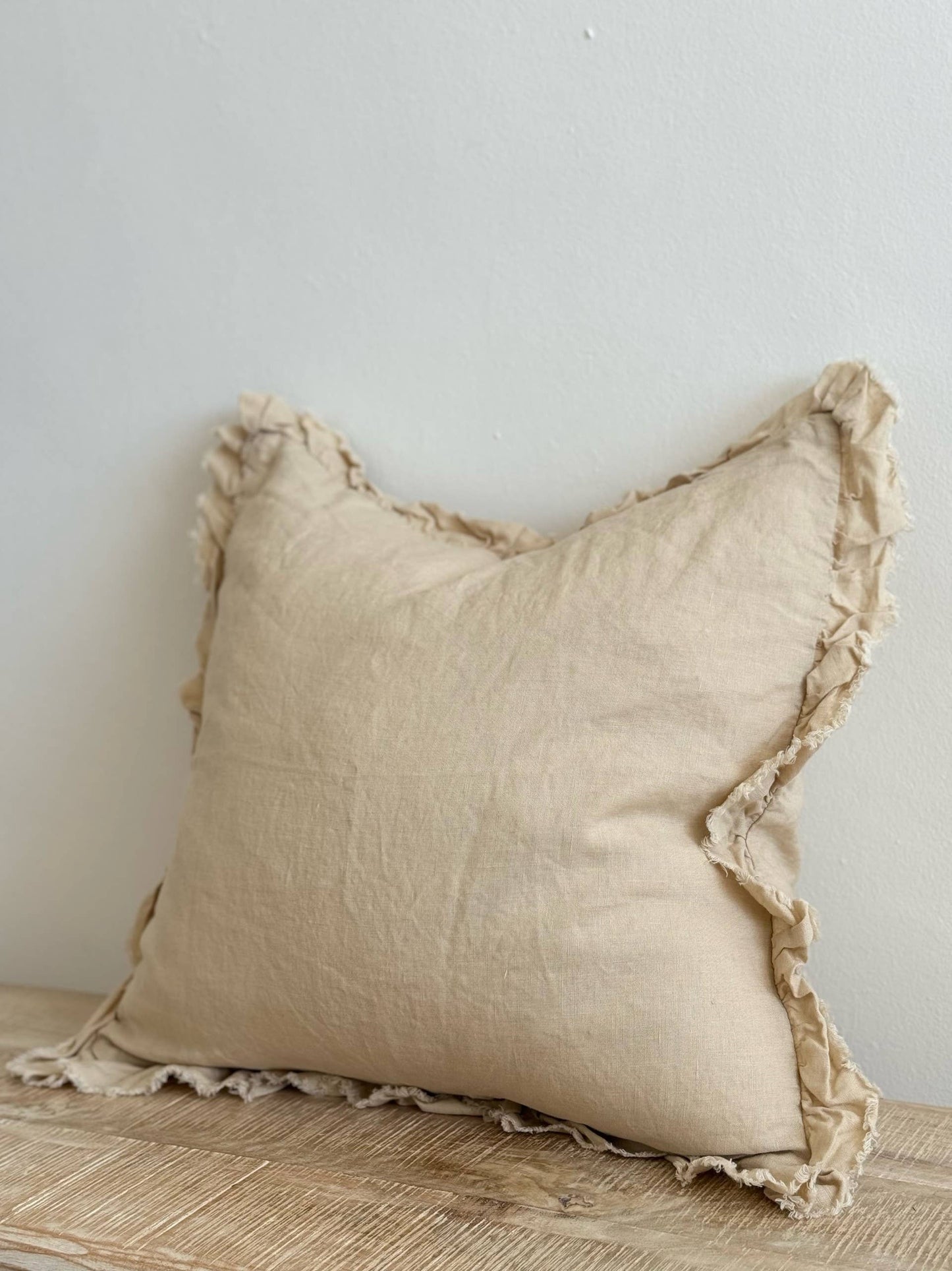 Hallie Dark Cream Cushion Cover – Ruffled edge linen : 45 x 45 cm
