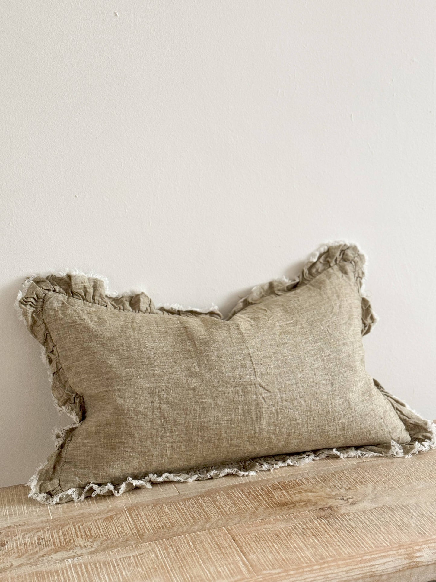 Hallie Ruffled Linen Cushion Cover 50x30- Washed Olive Green