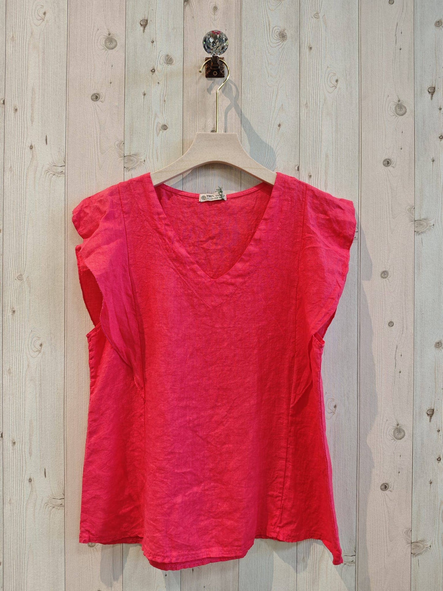 REF 17874 RUFFLE SLEEVE T-SHIRT 100% LINEN: Rose