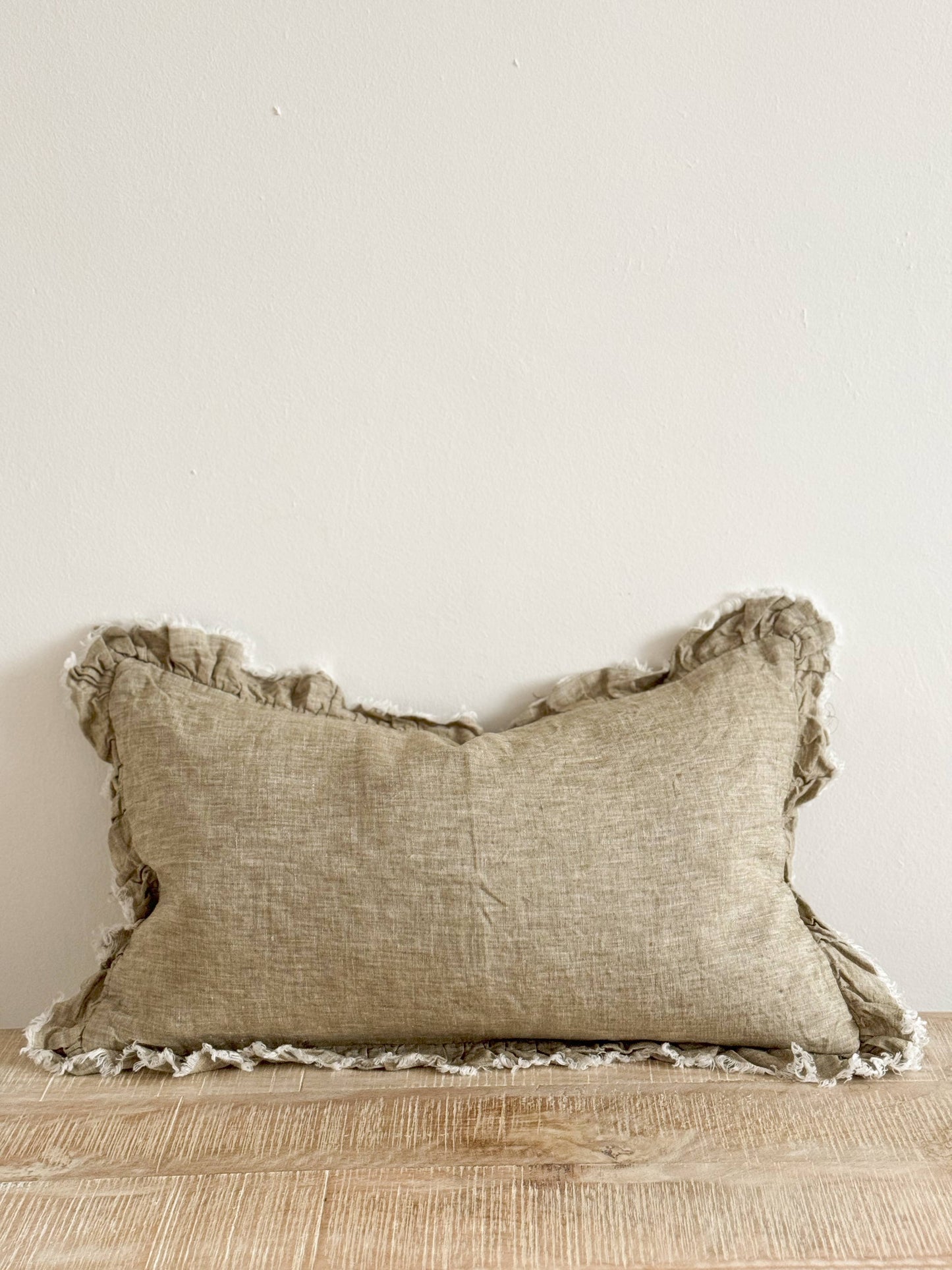 Hallie Ruffled Linen Cushion Cover – Washed Olive: 50 x 30 cm
