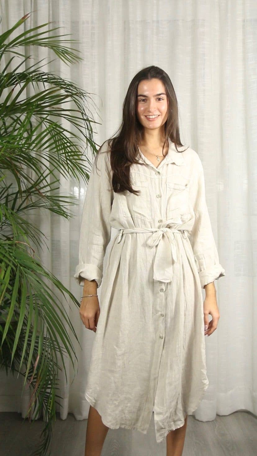 REF 26201 LONG SHIRT DRESS WITH WAIST 100% LINEN: CAMEL