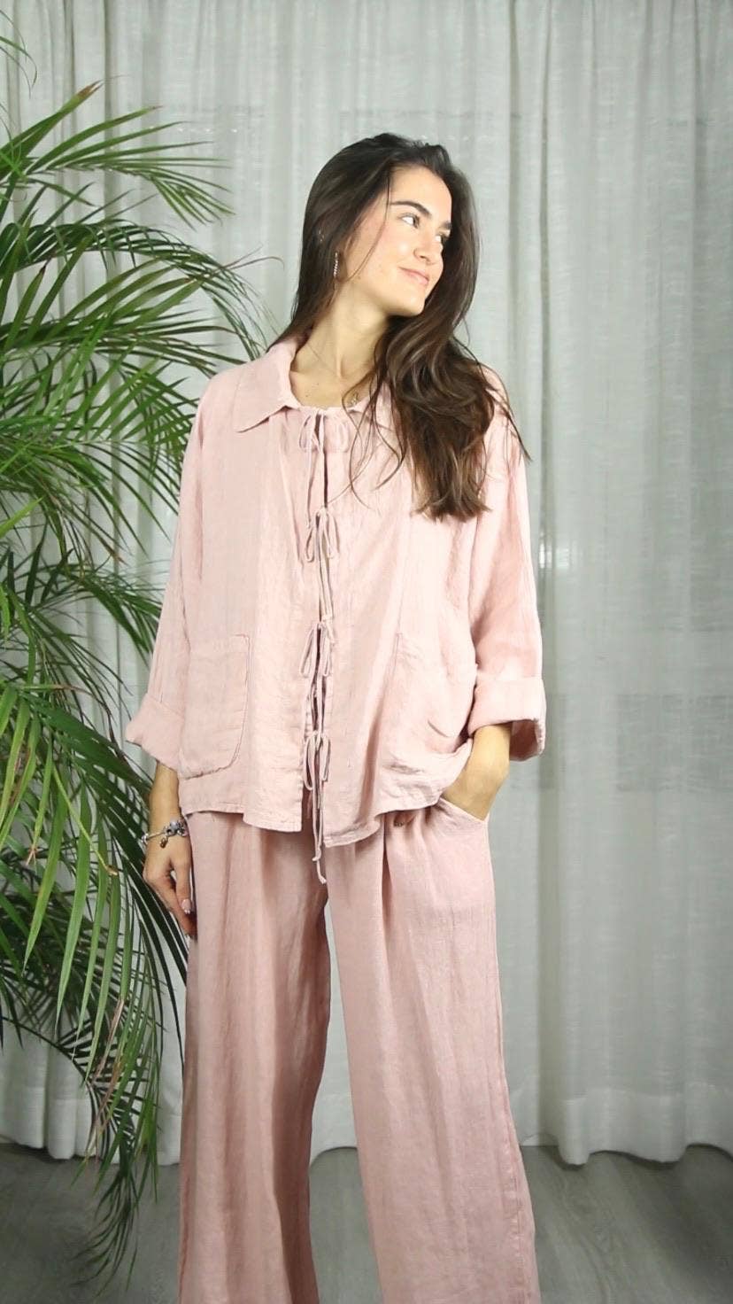 REF 17740 BABY COLLAR BLOUSE, OPEN 100% LINEN: Rose