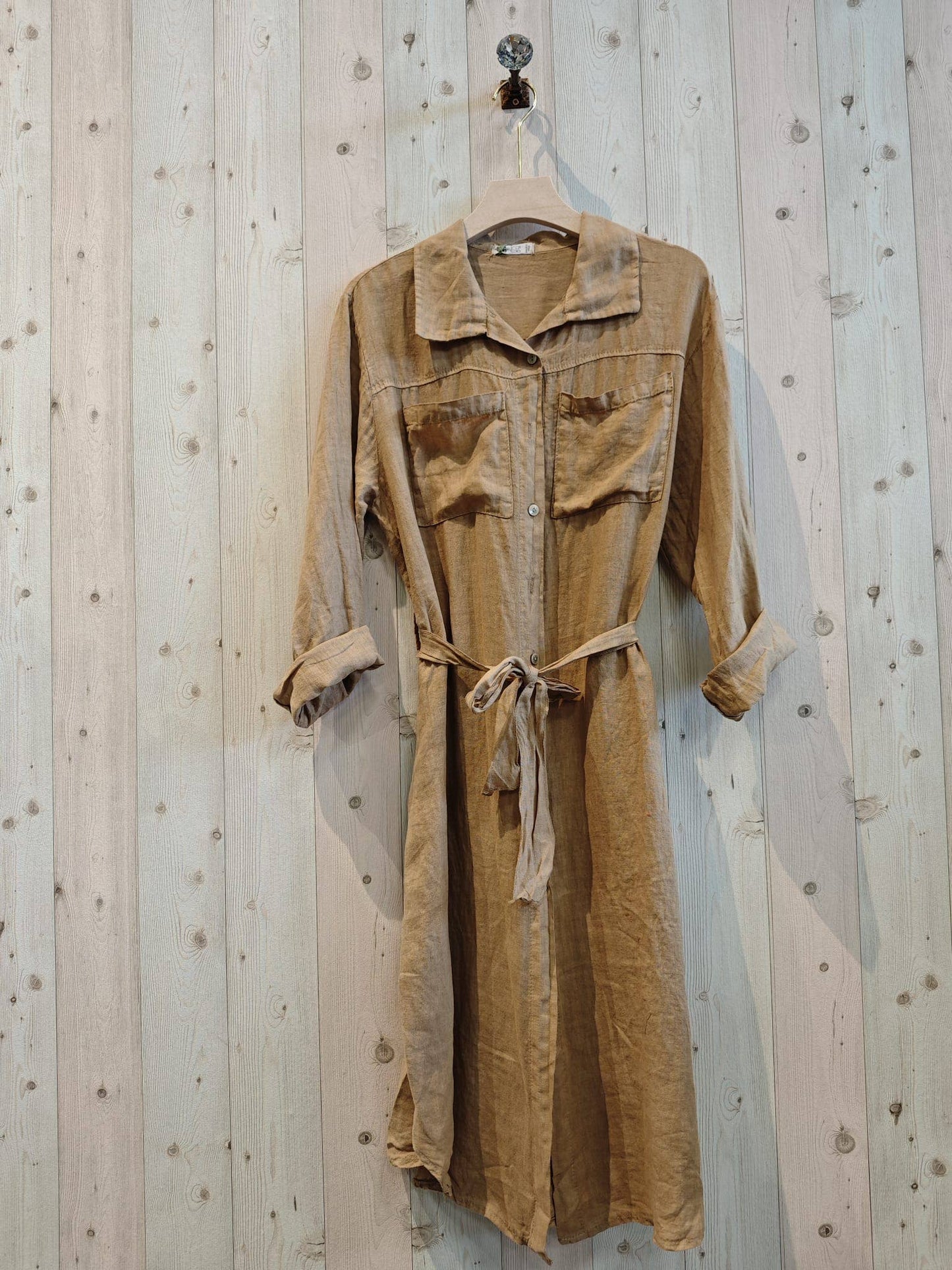 REF 26201 LONG SHIRT DRESS WITH WAIST 100% LINEN: CAMEL