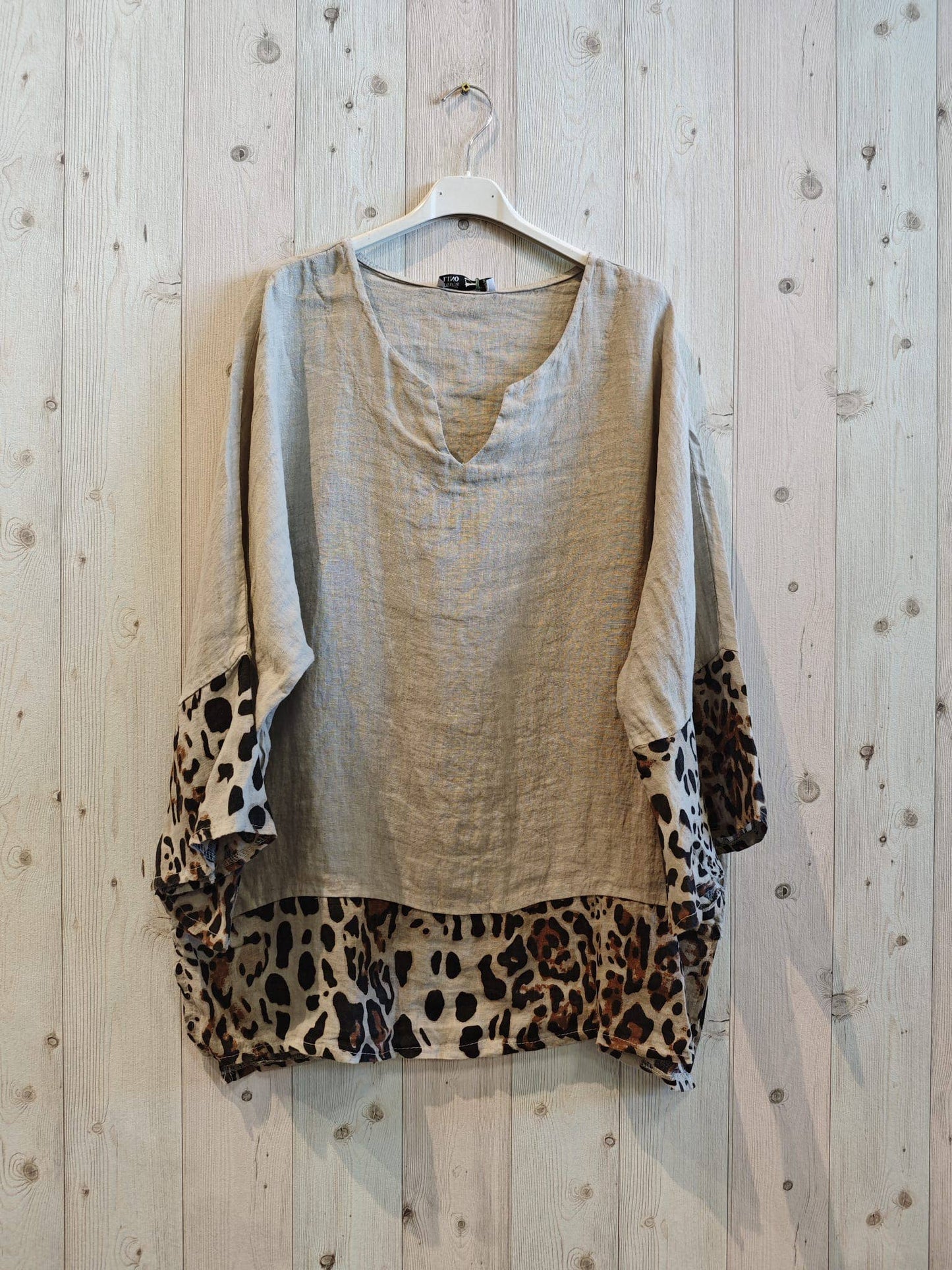 REF 12035 100% LINEN LEOPARD PRINT BLOUSE: CAMEL