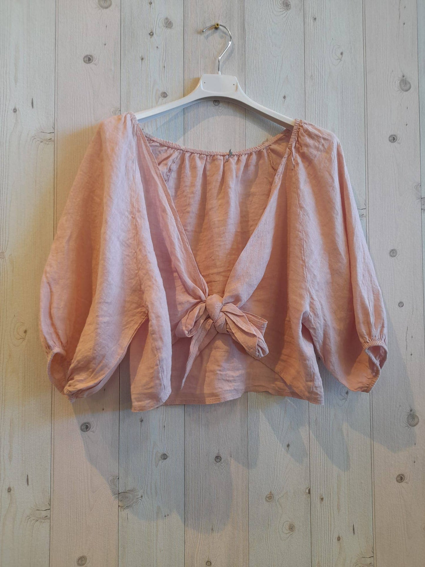 REF 17339 100% LINEN SHORT TIE BLOUSE: BLUE