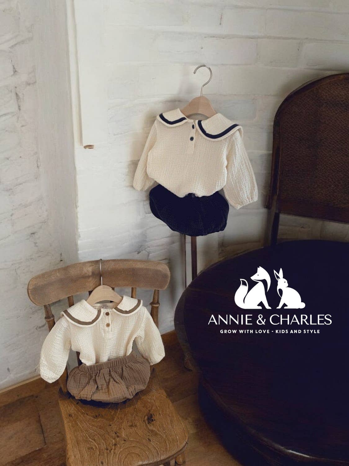 Annie & Charles® muslin set with organic cotton collar: Brown / 6-12 M