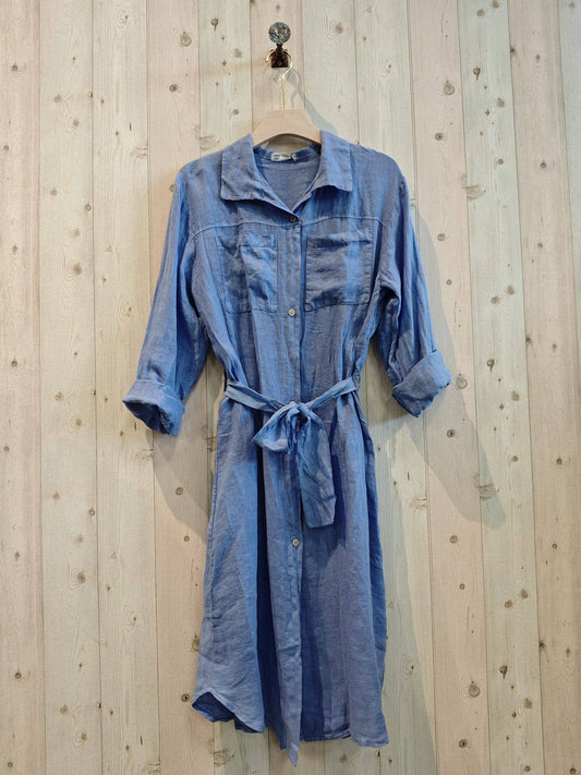 REF 26201 LONG SHIRT DRESS WITH WAIST 100% LINEN: Blue
