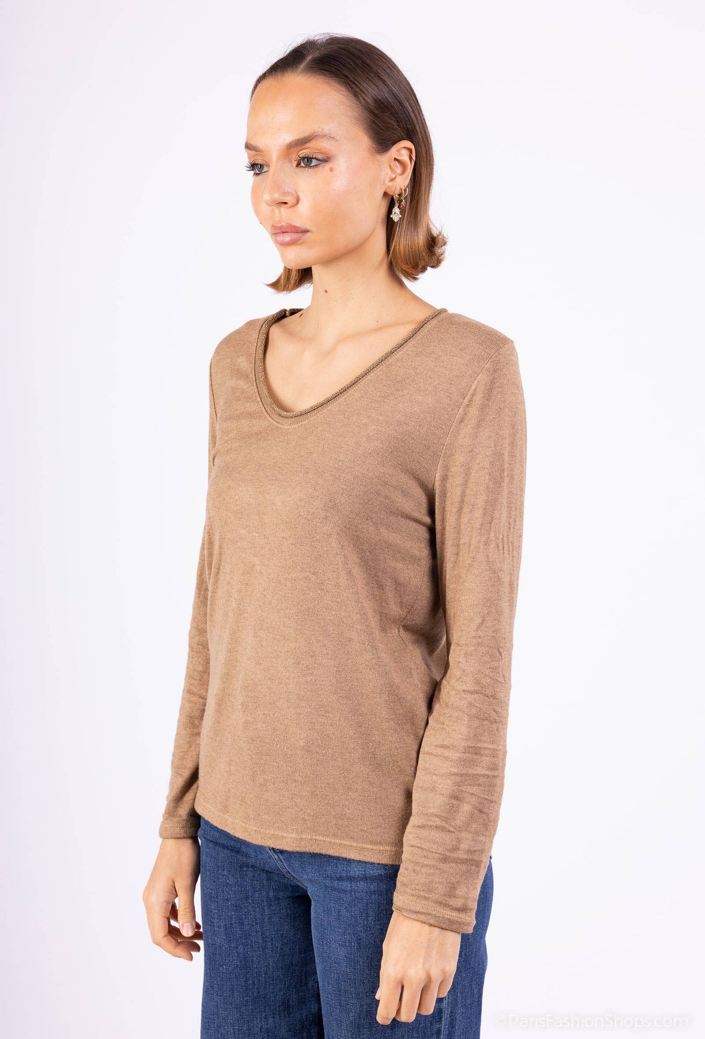 Fine Knit Top With Lurex Collar @5611_HColLux: Camel