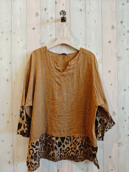 REF 12035 100% LINEN LEOPARD PRINT BLOUSE: CAMEL