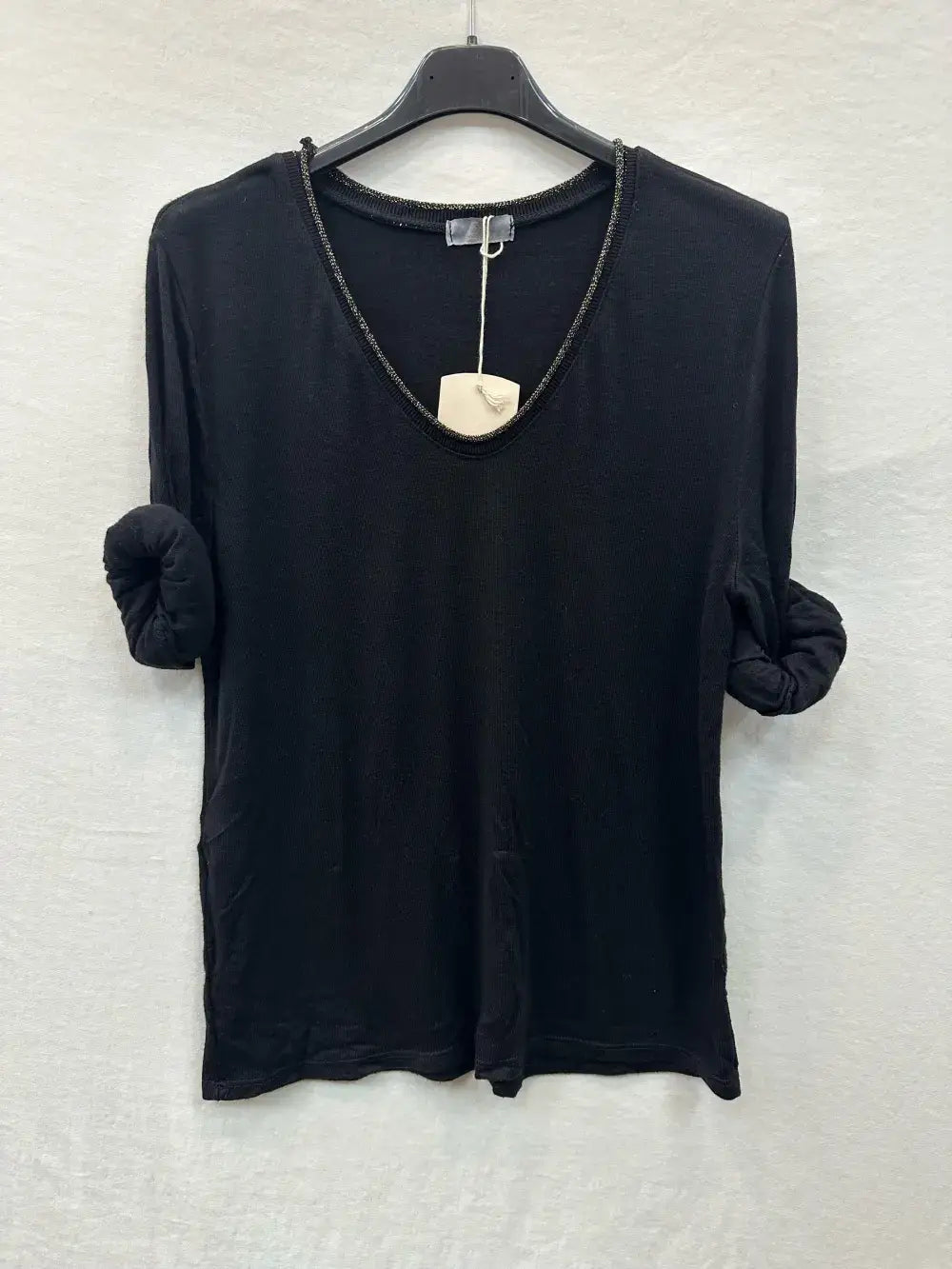 Fine Knit Top With Lurex Collar @5611_HColLux: Camel