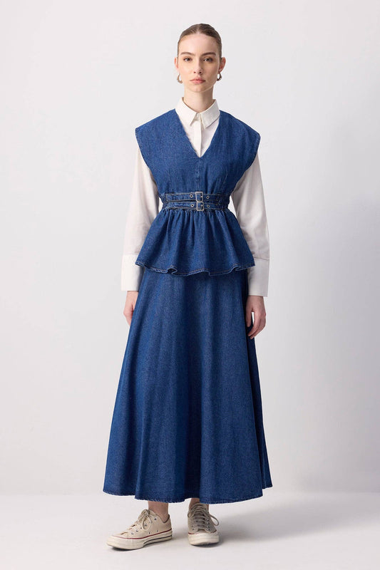DOUBLE BELT VEST SKIRT SET: Dark Denim / S