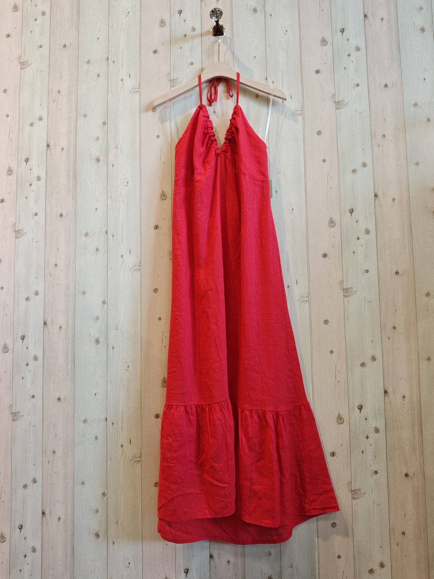 Ref-14491 100% LINEN STRAP DRESS: BEIGE