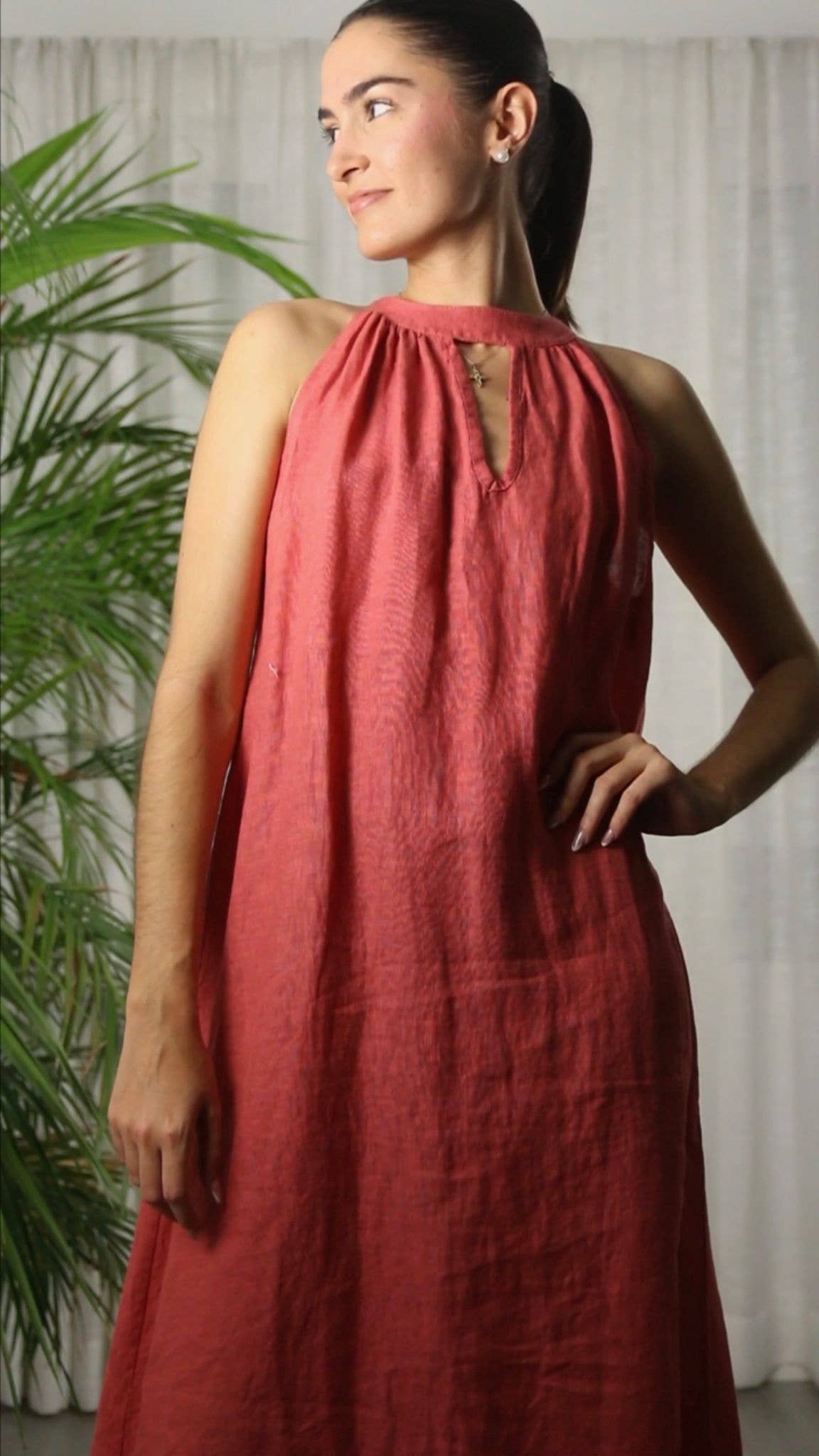 Ref-72330 DRESS WITH BACK BOW 100% LINEN: Caqui