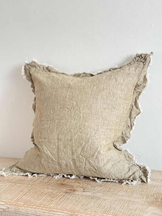 Hallie Ruffled Linen Cushion Cover – Washed Olive: 50 x 30 cm