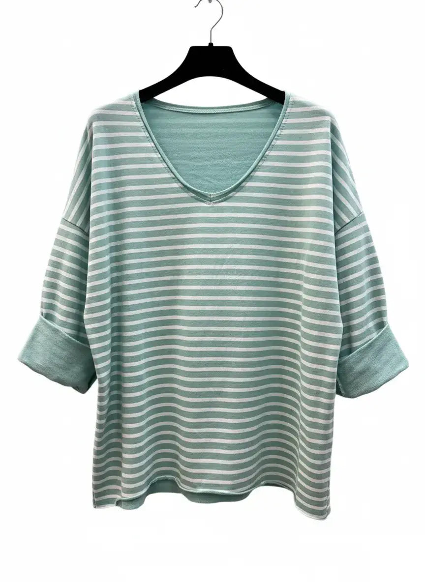 Striped V-Neck T-Shirt @9231_HVRayure: Navy