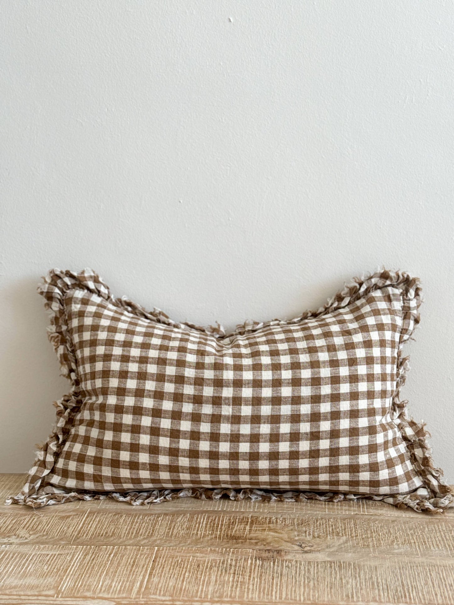 Hallie Ruffled Linen Cushion Cover 50x30 – Brown Gingham
