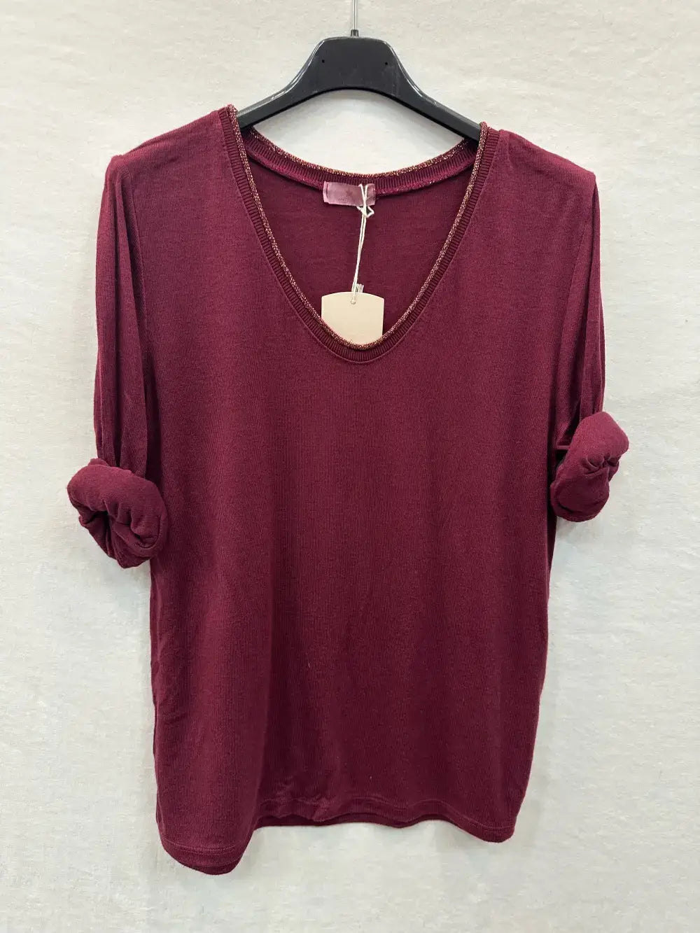 Fine Knit Top With Lurex Collar @5611_HColLux: Light beige