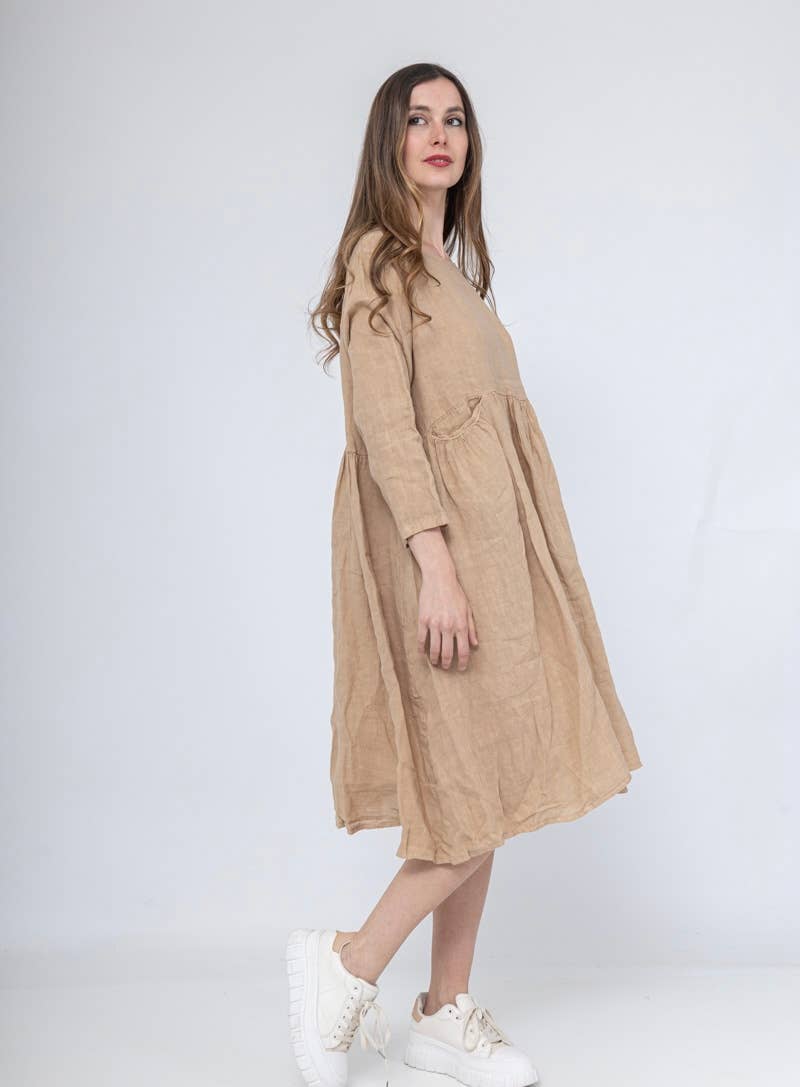 3127 LINEN DRESS SPRING SUMMER CLOTHING PLUS SIZE: CAMEL