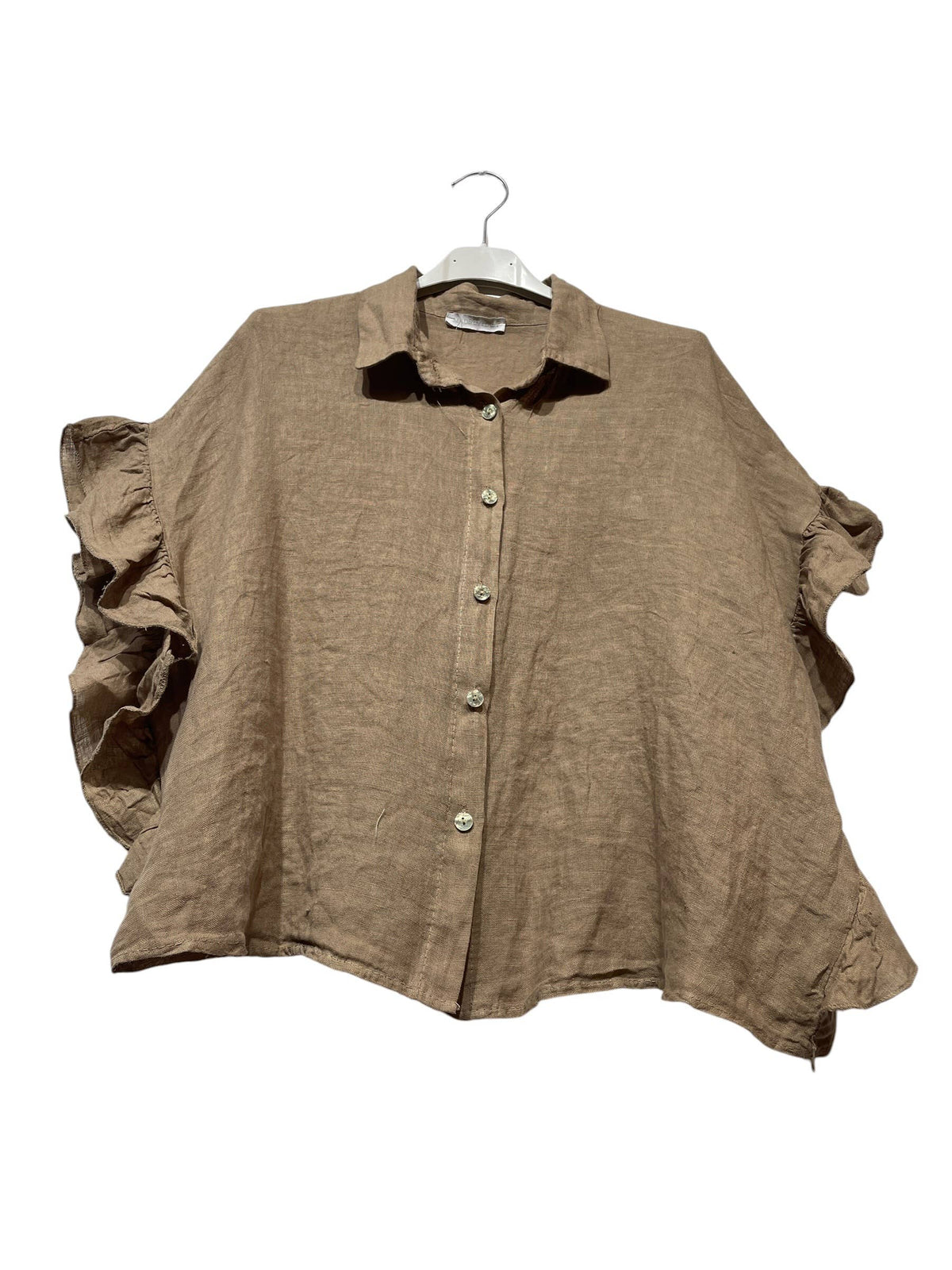 11402B  LINEN SHIRT WITH SIDE RUFFLES: CHOCO