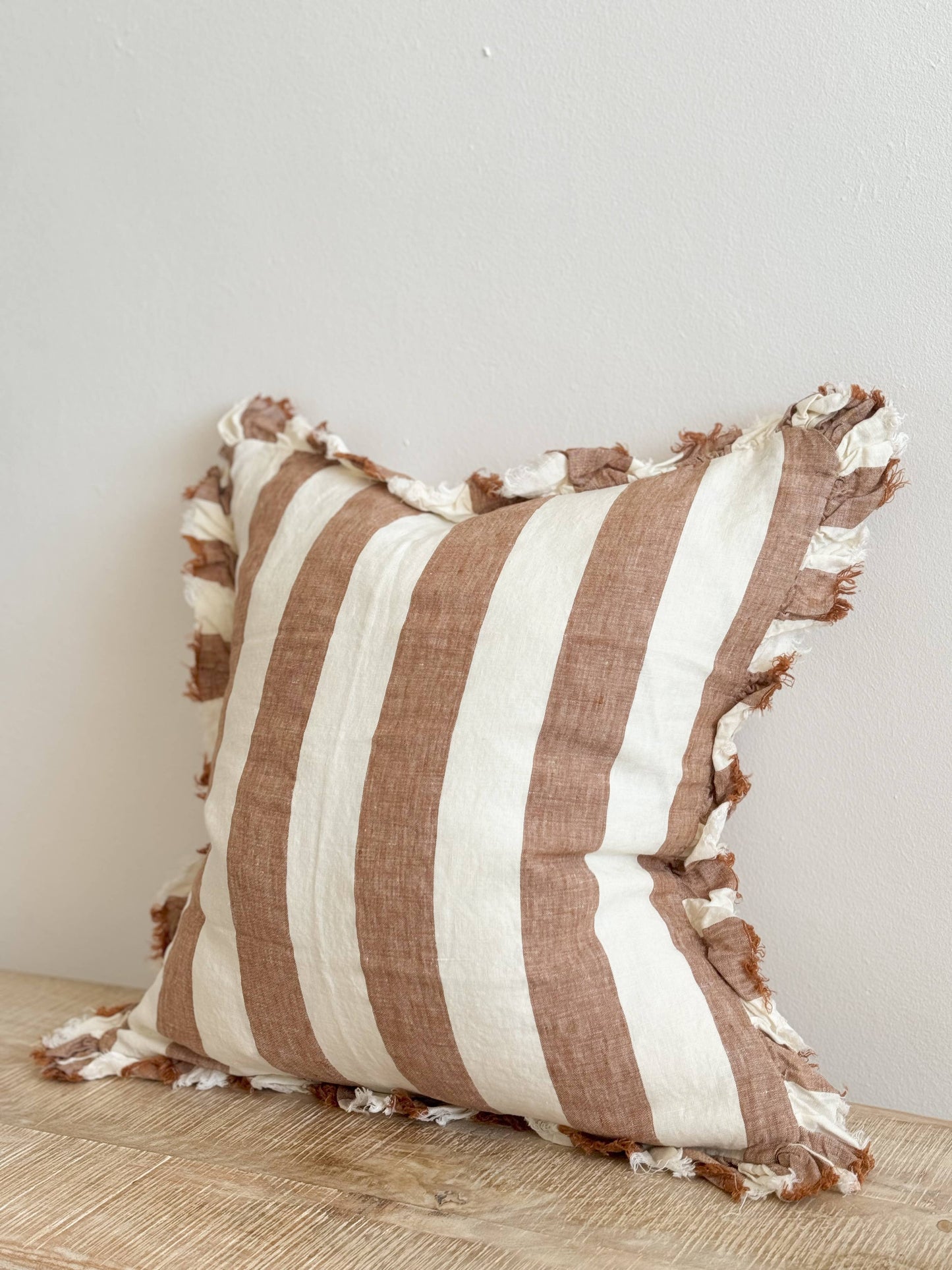 Hallie Ruffled Linen Cushion Cover 45x45 – Wide Rust Stripe