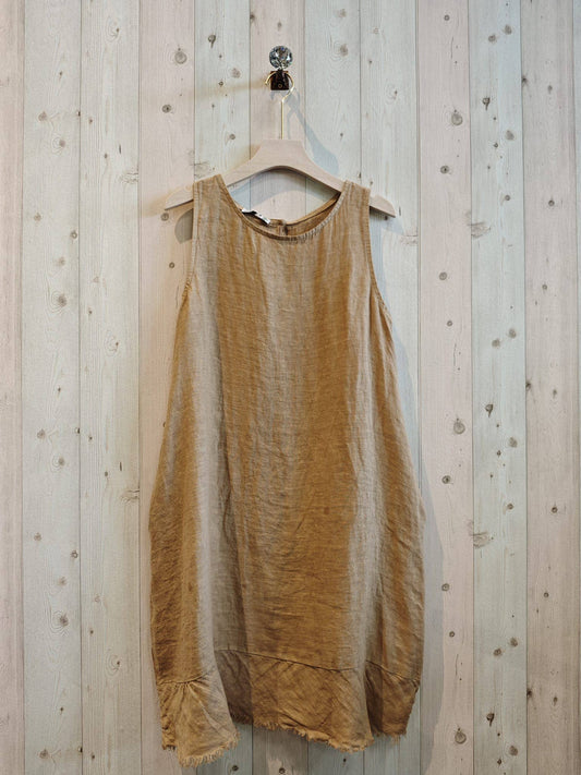 REF 72322 100% LINEN FRINGE DRESS: CAMEL