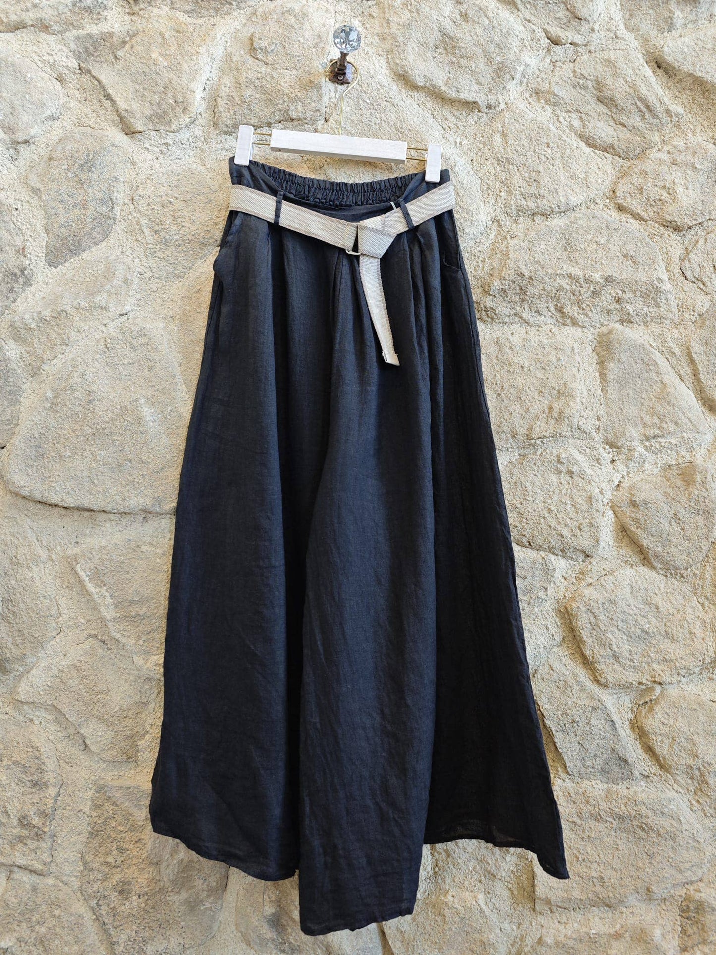 Ref-30522 WIDE-LEG PANTS 100% LINEN: Negro