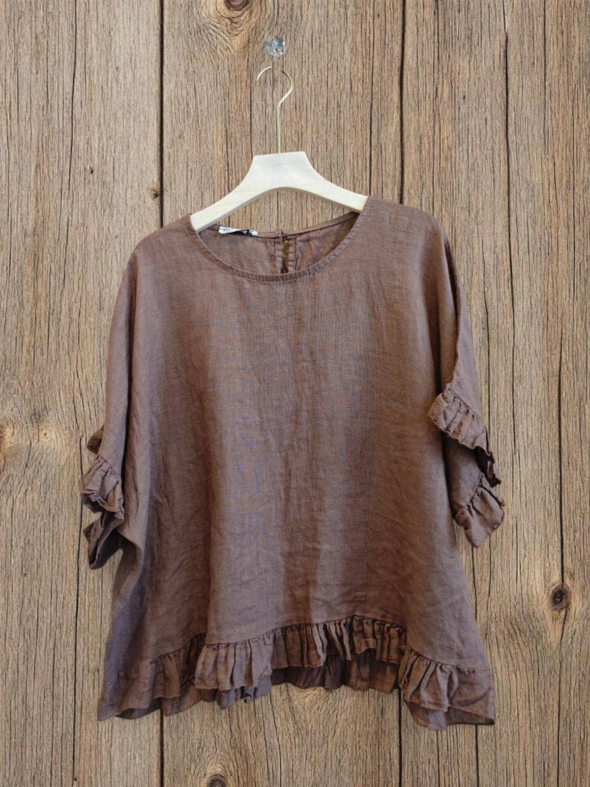 Ref-10740 RUFFLED BLOUSE 100% LINEN: BLANCO