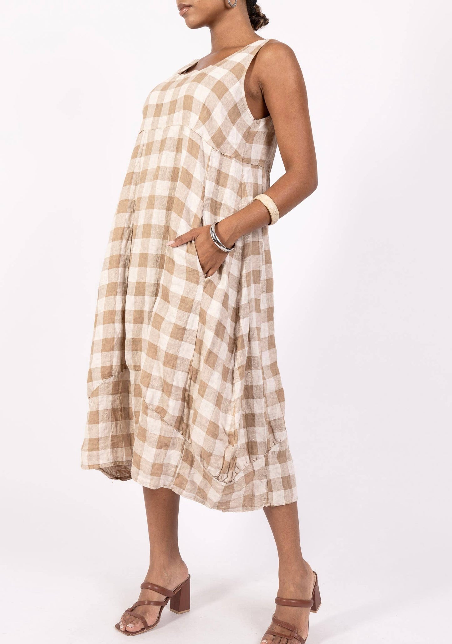 322 LINEN DRESS WITH VICHY CHECKS: MOLE