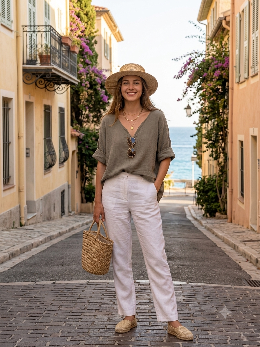 6551 CROP IN COTTON-LINEN V-NECK: BEIGE