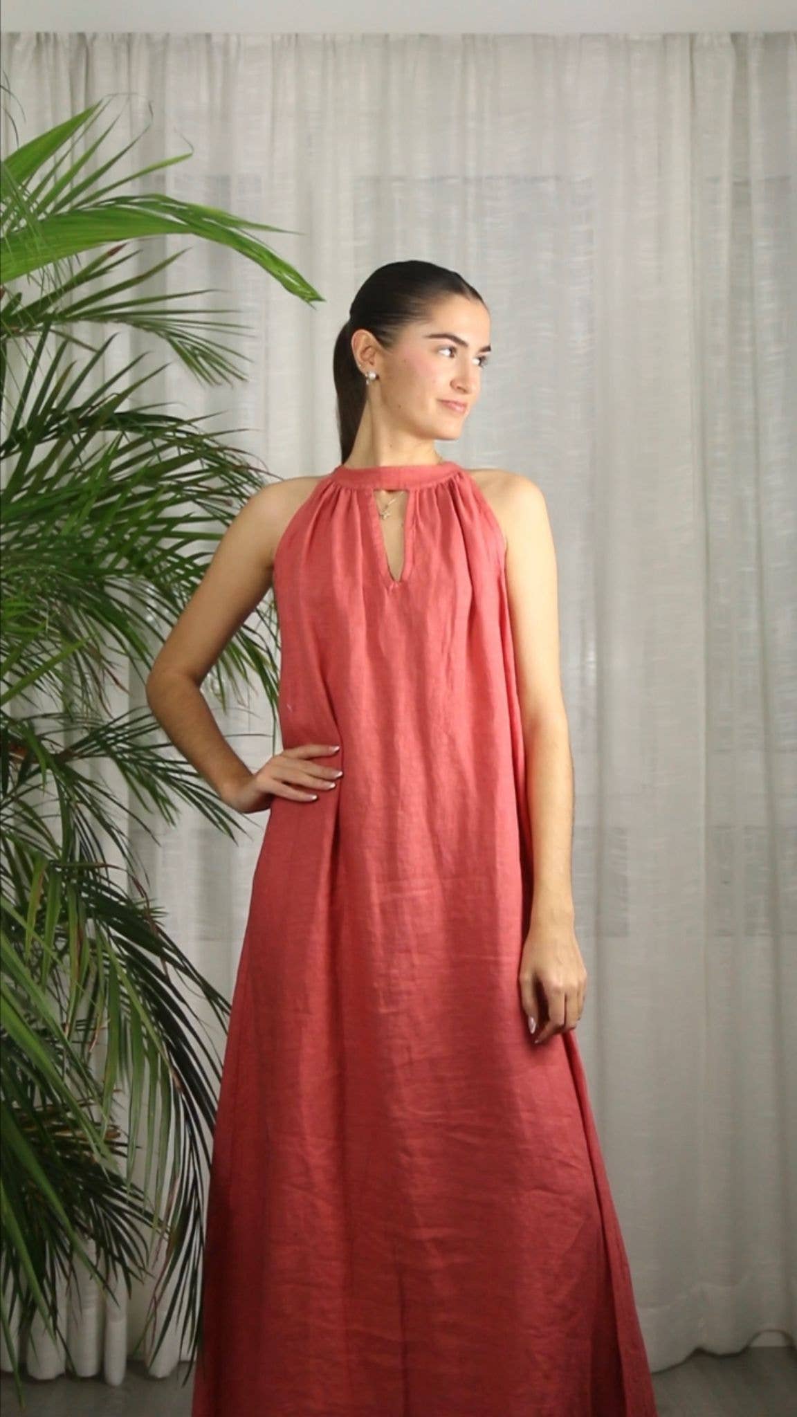 Ref-72330 DRESS WITH BACK BOW 100% LINEN: Caqui