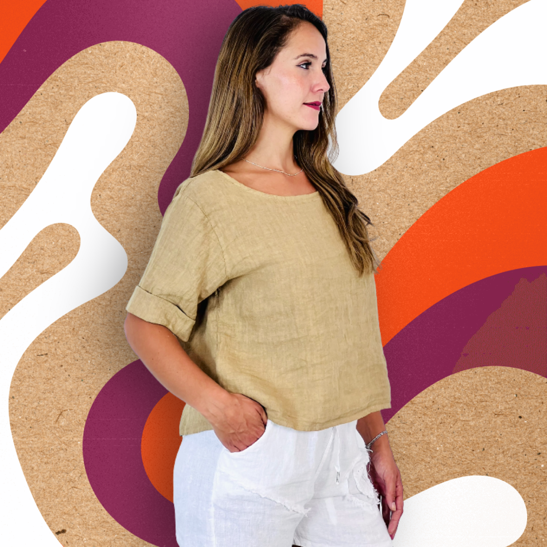 Ref-59076 BASIC CROP BLOUSE 100% LINEN: CAMEL