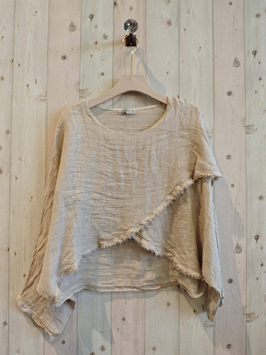 REF 83620 CROSSOVER BLOUSE 100% LINEN: BEIGE