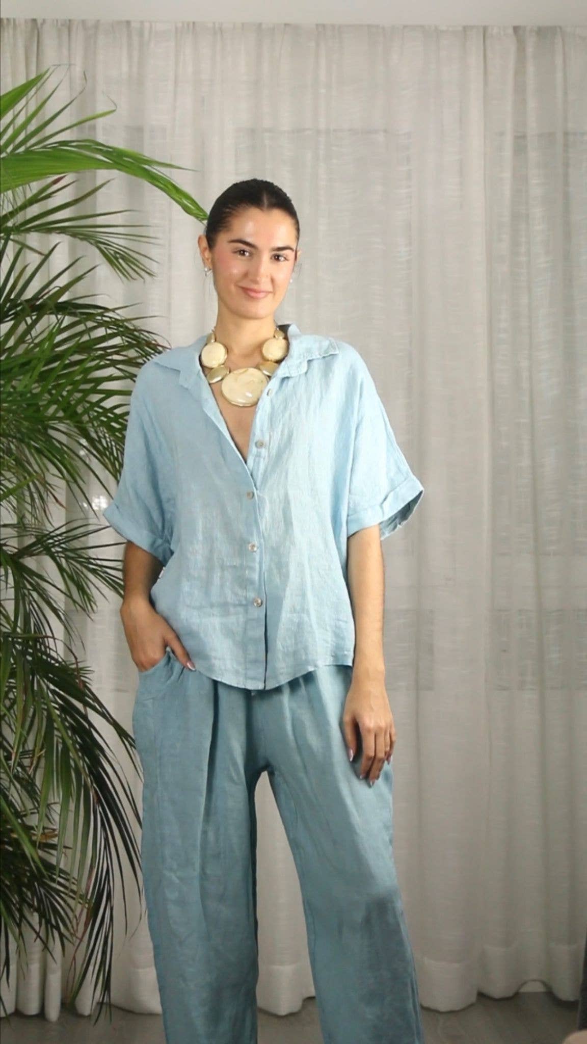 Ref-83531 100% LINEN SHORT-SLEEVE SHIRT: CAMEL
