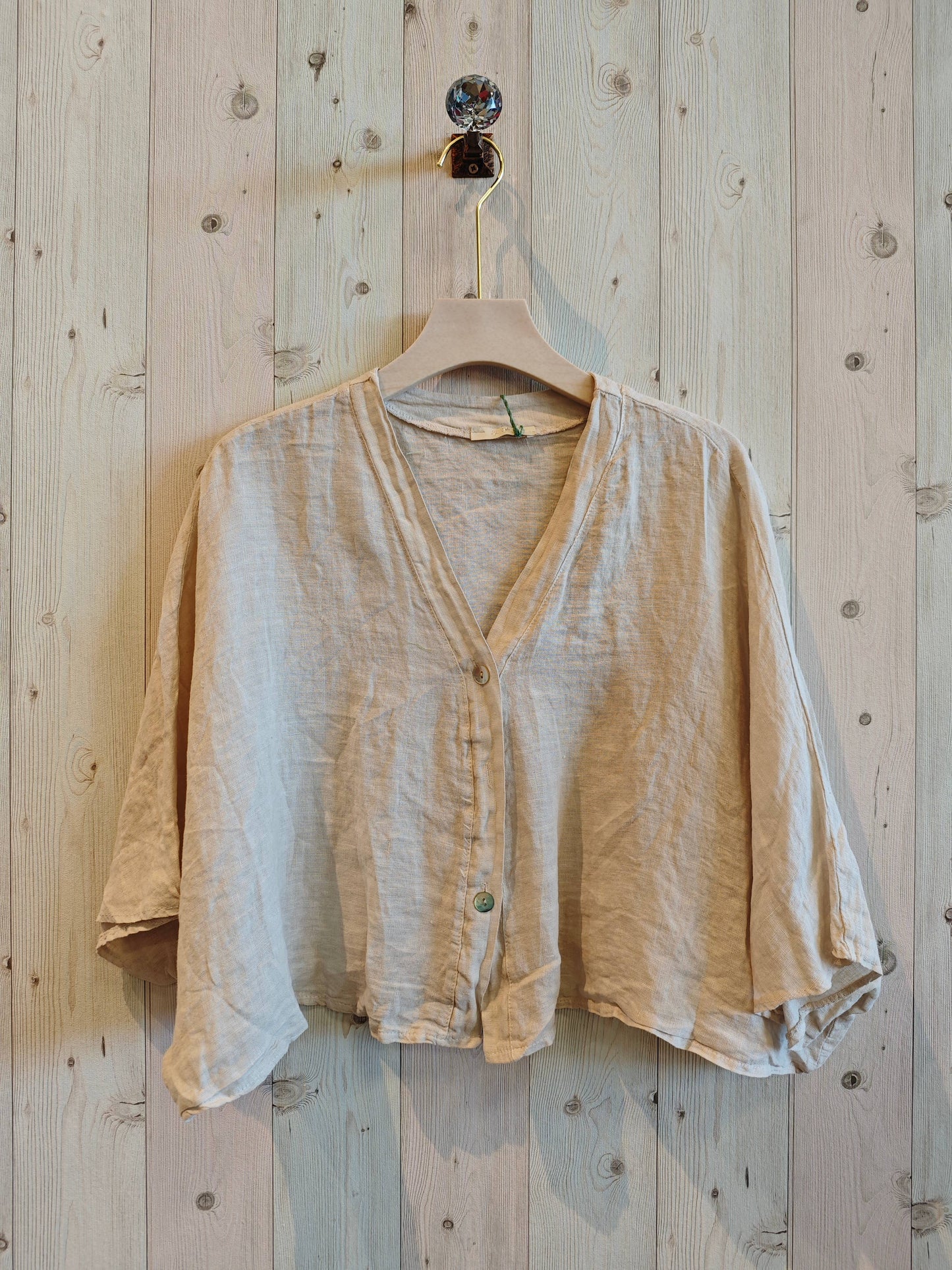 SHORT ELBOW SLEEVE BLOUSE 100% LINEN: BEIGE