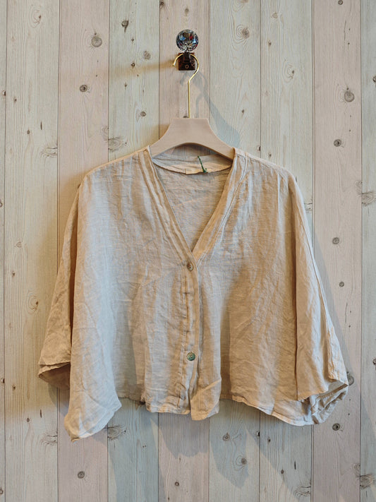 SHORT ELBOW SLEEVE BLOUSE 100% LINEN: BEIGE