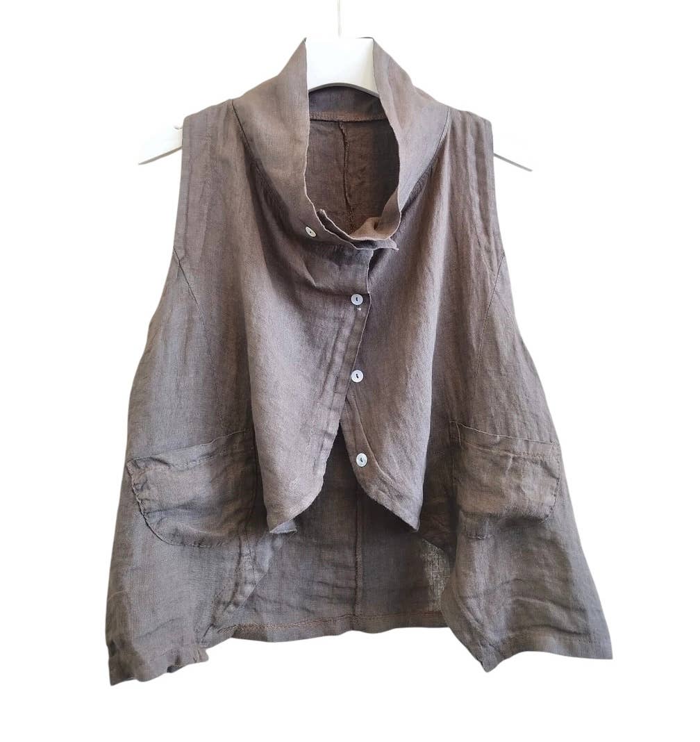 8718 Asymmetrical buttoned linen vest with pockets and collar: GRIS FONCE