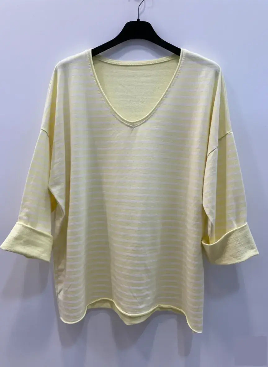 Striped V-Neck T-Shirt @9231_HVRayure: White