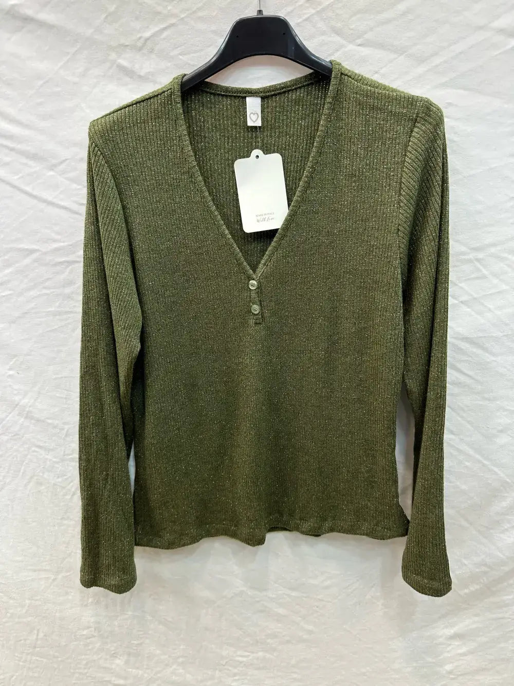 Ribbed lurex top with buttons @59910_HBoutLux: Beige