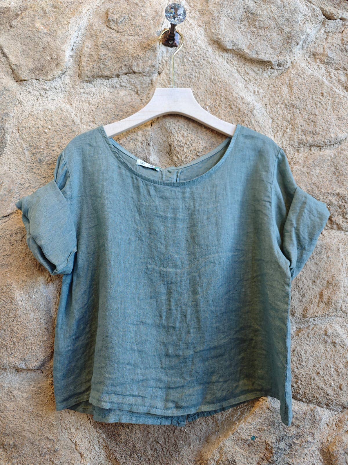 Ref-59076 BASIC CROP BLOUSE 100% LINEN: KHAKI