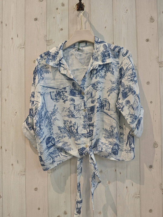 REF 8226 KNOT SHIRT PRINTED 100% LINEN: Blue