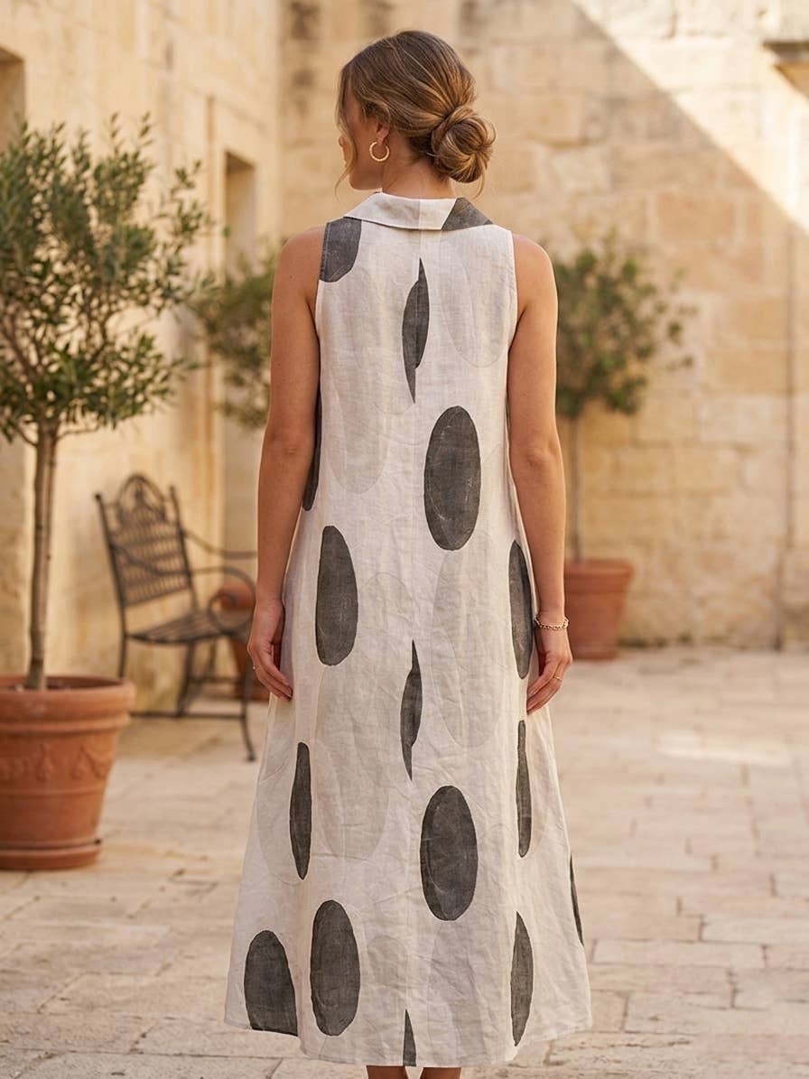 69352A Long linen dress with oval motifs and draped neckline: Blanc