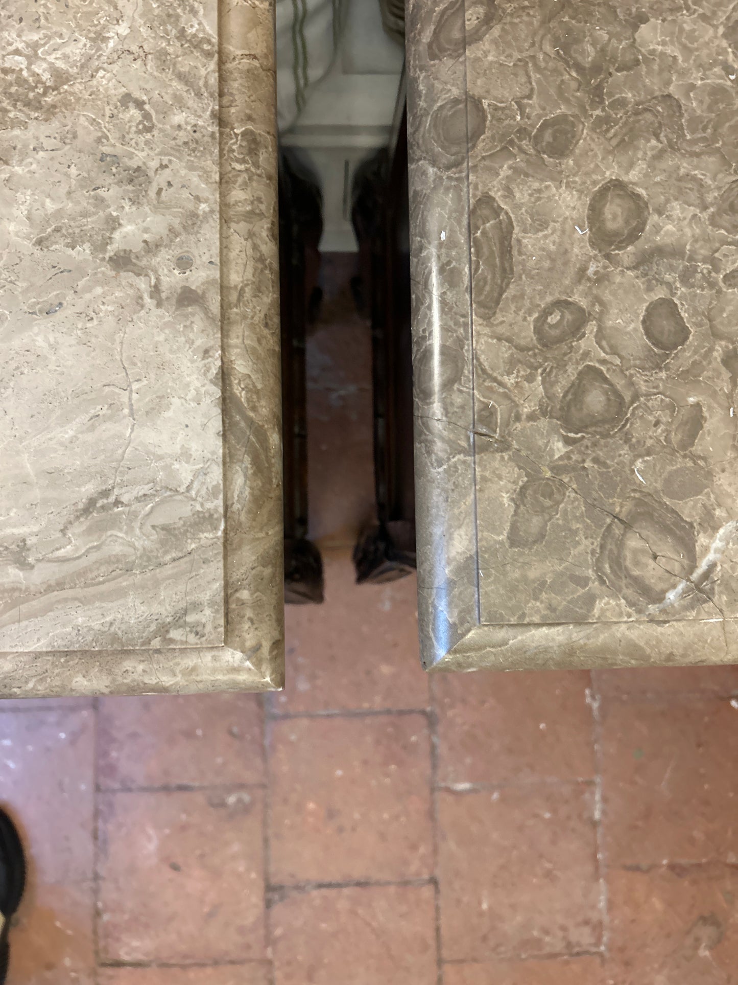 Pair oak marble pot cupboards bedside