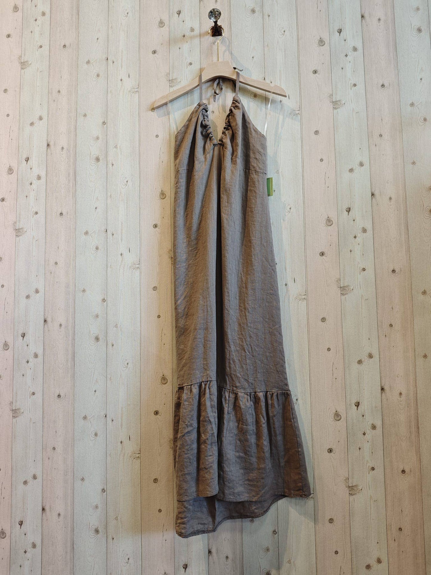 Ref-14491 100% LINEN STRAP DRESS: BEIGE
