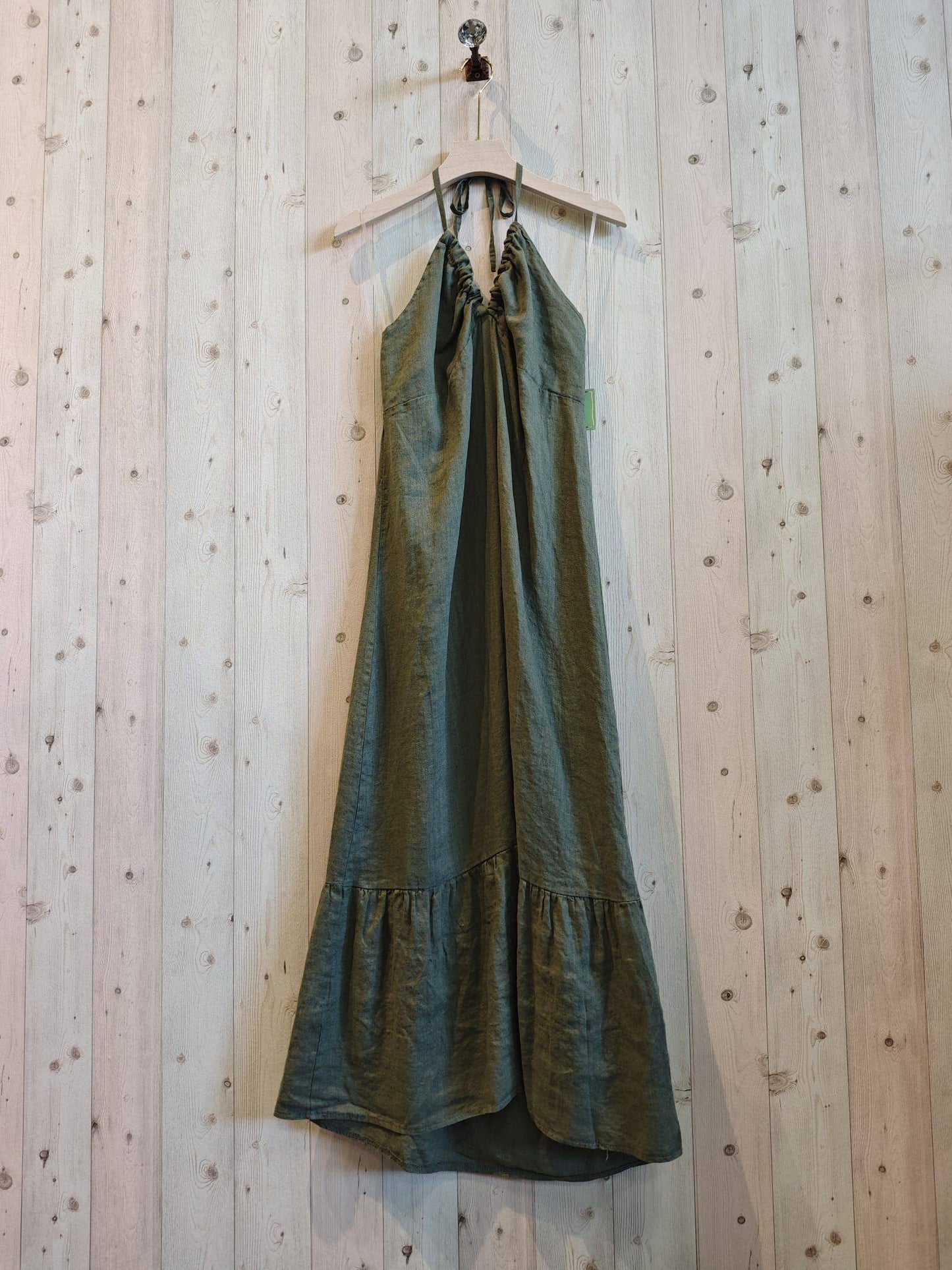 Ref-14491 100% LINEN STRAP DRESS: BEIGE