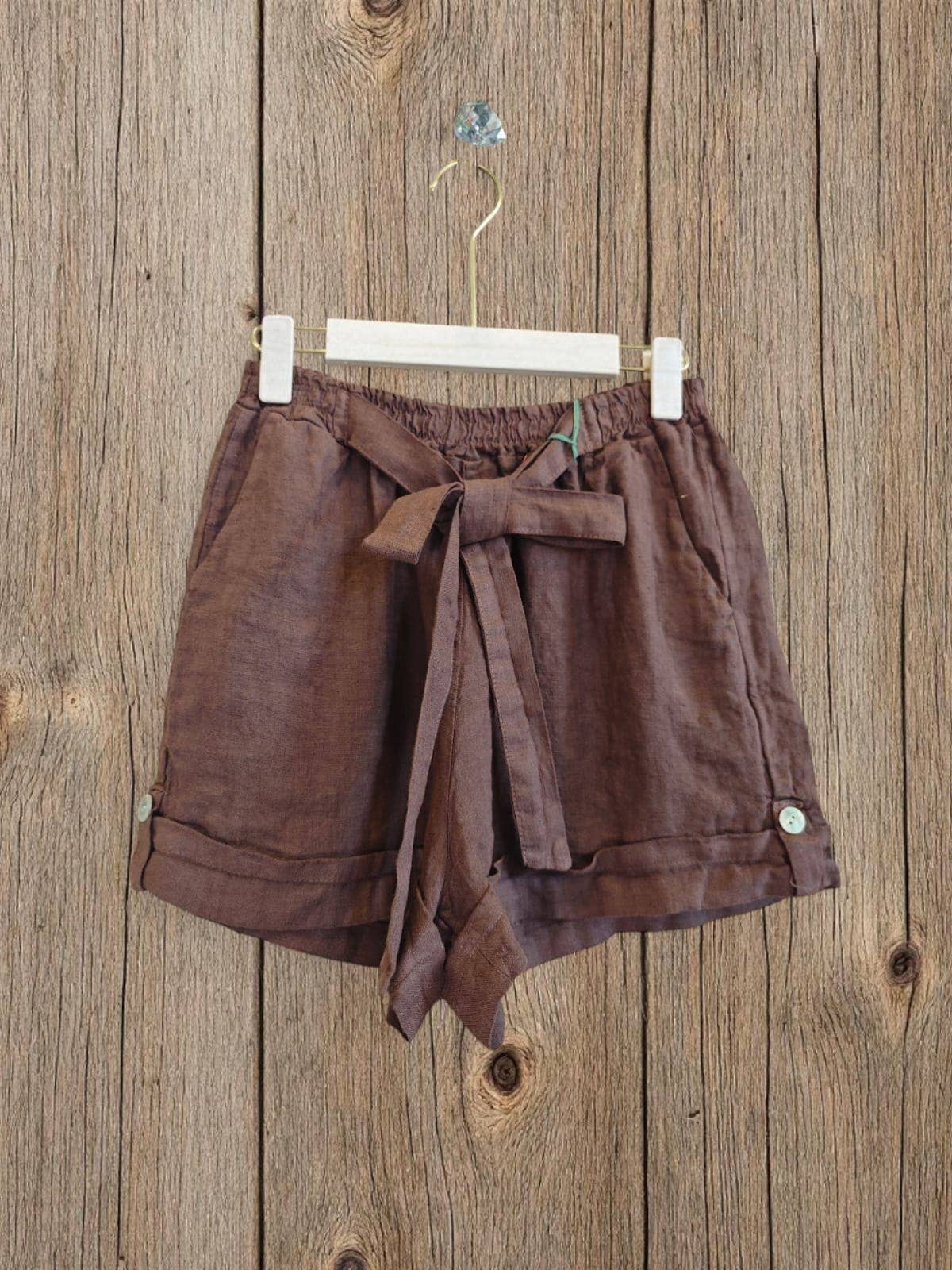 Ref-6385 SHORTS WITH BOW 100% LINEN: Pistachio